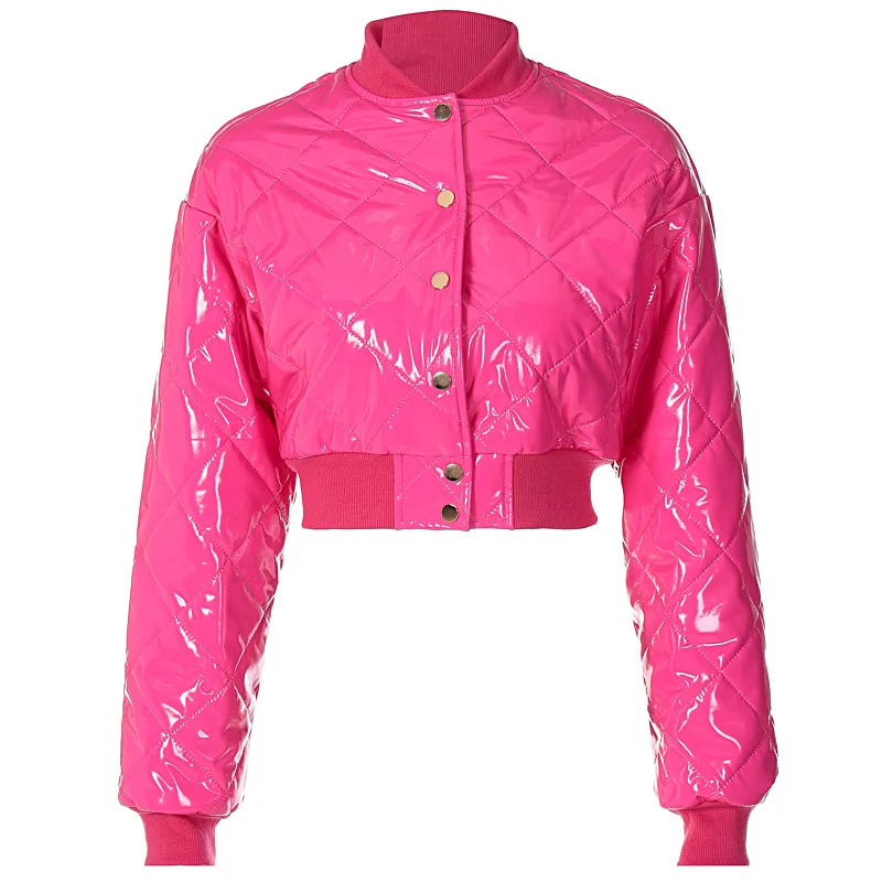 Chaqueta de plumas de cuero PU rosa brillante para mujer, abrigos de burbujas delgados de cintura alta, chaquetas de botonadura única, abrigos