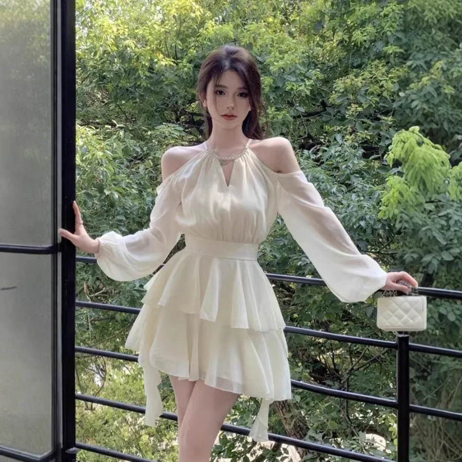 

【New style】2026 summer new style hanging neck off-shoulder long-sleeved A-line slim dress pure color knitted seaside vacation t