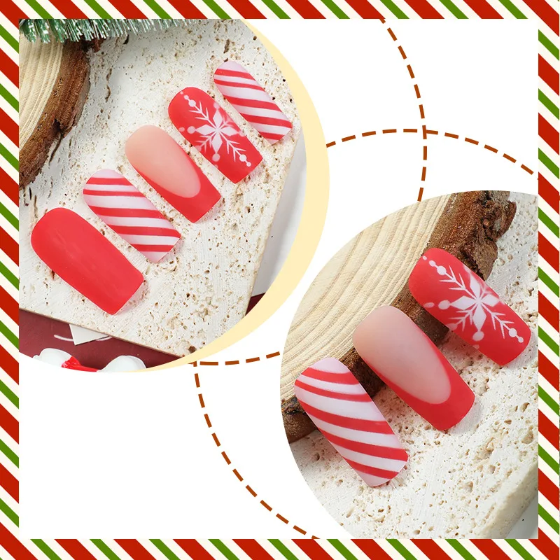 24pcs Red Matte Fake Nails Christmas Snowflake Stripe Pattern False Nail Tips Wearable 2025 New Year Gifts Press on Nails