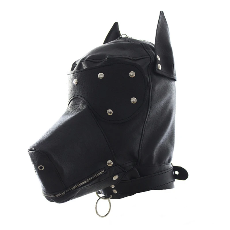 Welpen Cosplay Fetisch Kostüme aus verstellbarem Leder Vollkopf haube mit Augen maske für Hund Rollenspiel exotische Accessoires