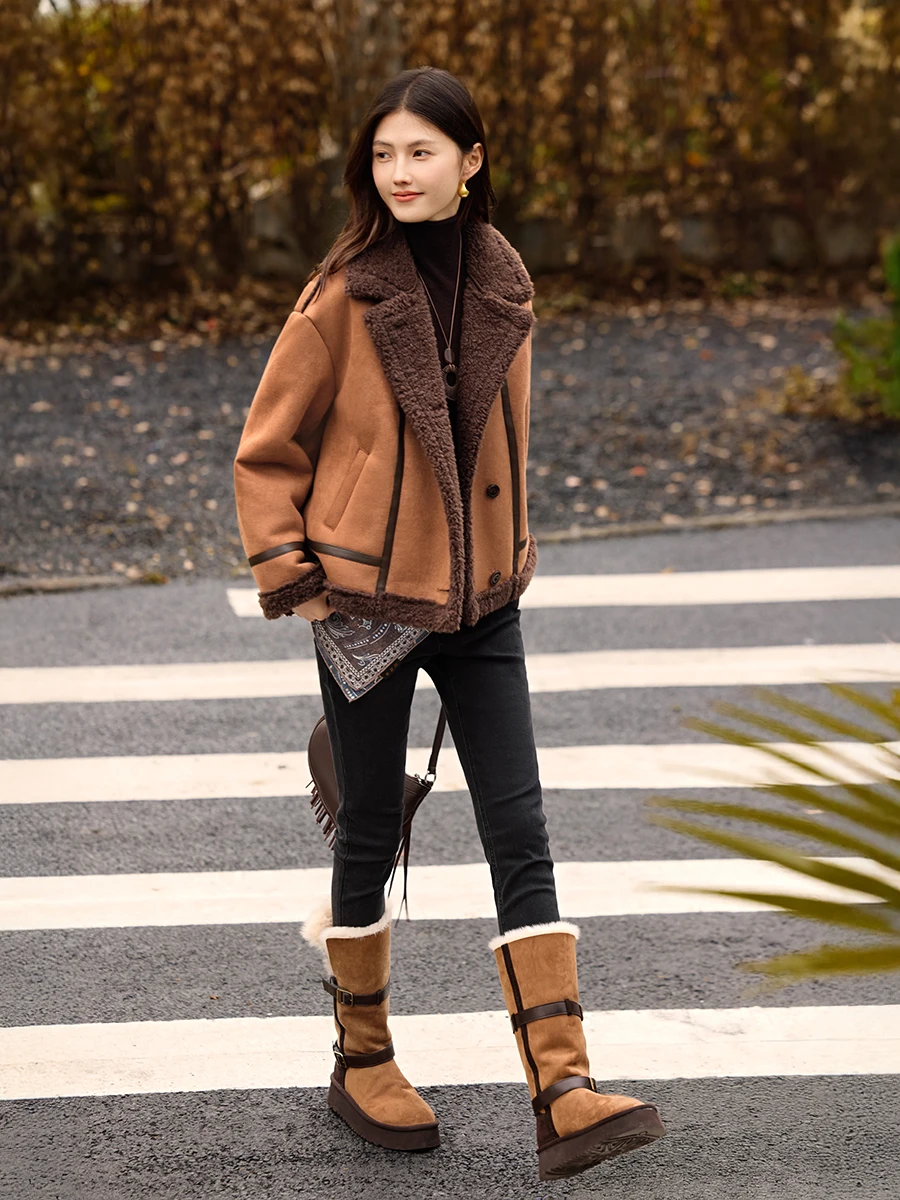 Cappotto Lungo da Donna XWI in Pelle Scamosciata con Pelliccia d'Agnello, Caldo Invernale, Snellente, Casual, in Fibra di Poliestere