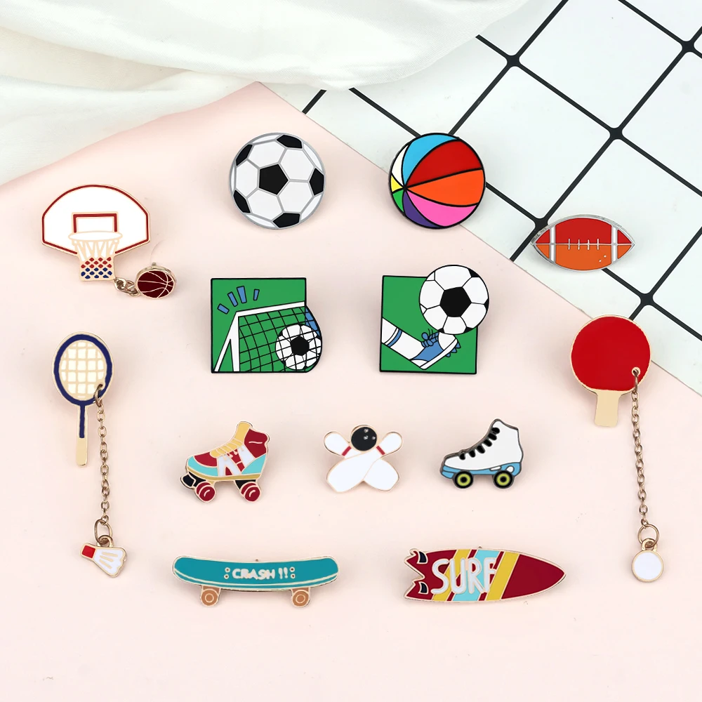 Cute Sports Collection Brooch Cartoon Balls Bag Lapel Pins Bowling Basketball Skating Soccer Enamel Badges Jewelry Athlete Gifts