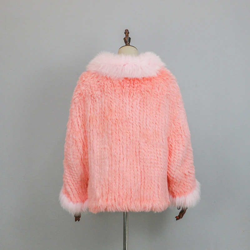 New Extra Long Real Genuine Natural Knitted Rabbit Fur Shawl Coat with Fox Fur Collar Women's Fashion Knit Jacket Cape