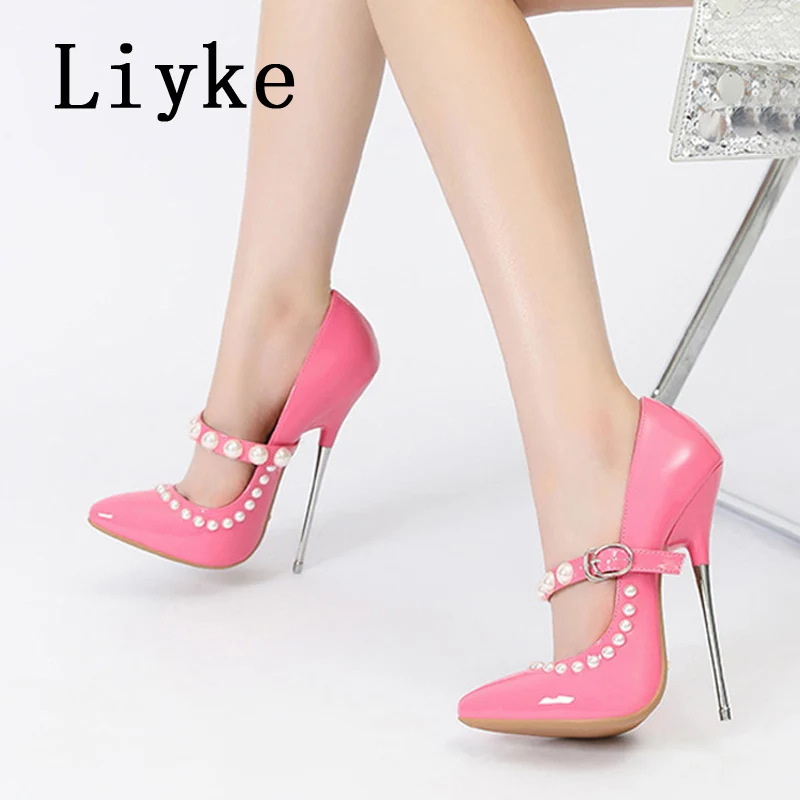 Liyke 16CM Metal Stiletto Women Fetish Model Club Party Crossdresser Shoe Fashion Pearl Buckle Strap Sexy Super High Heels Pumps