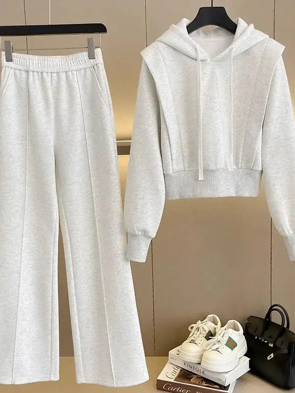 

Premium Feel Casual Sportswear Set Women's Autumn Spring 2026 Slimming Sli Fce Hoodie Wide Leg Pants Two Piece Set