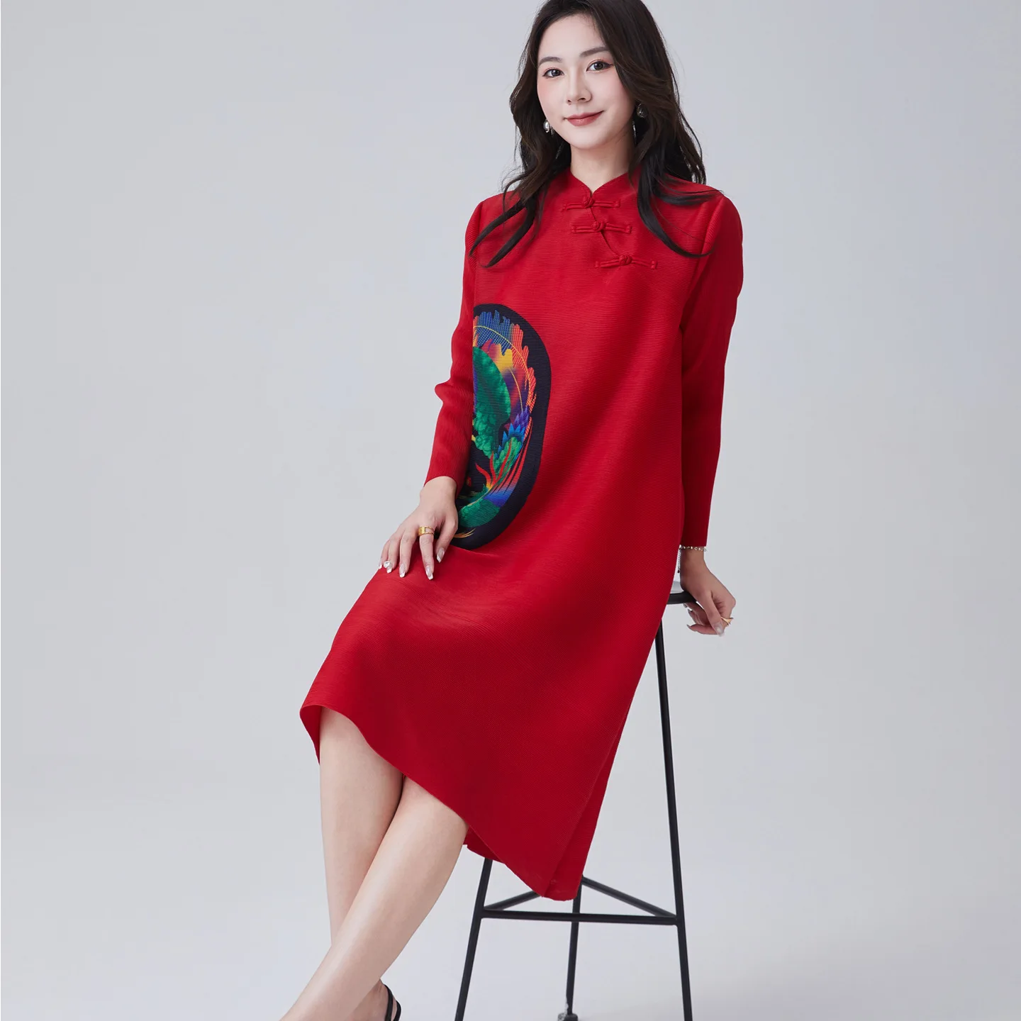 

2025 Summer Miyake Pleated Kokeshi Printed Half High Neck Fashion Plate Button Pullover Loose Comfortable Peplum Jitterbug Dress