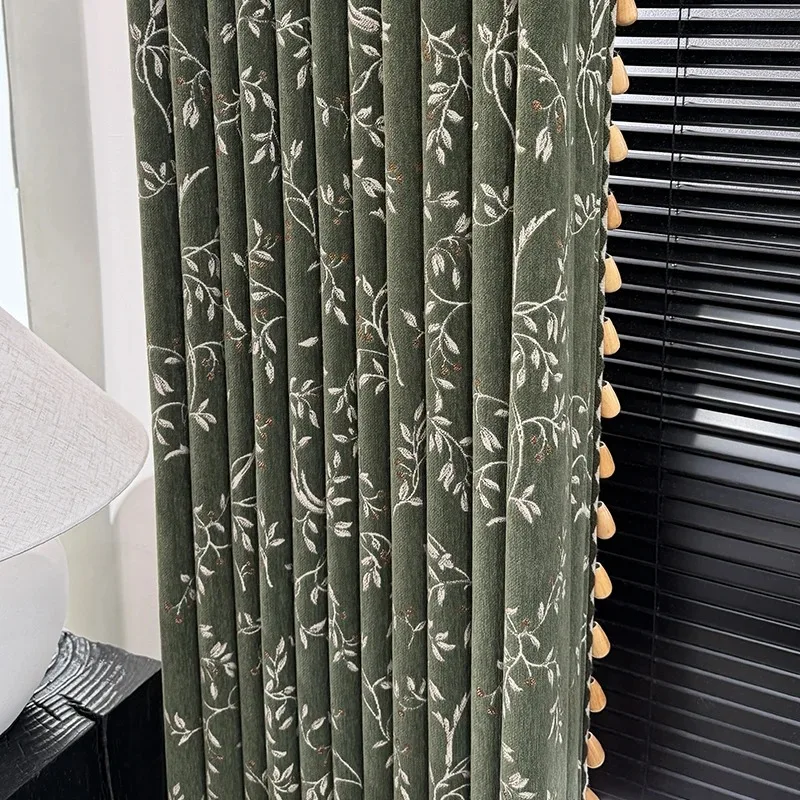 Medieval Dark Green Embroidery Chenille Curtains for Living Room Bedroom French Window Balcony Customized Finished Products