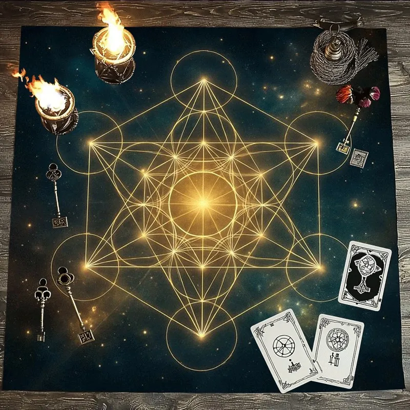

1PC Sacred Geometry Tablecloth Golden Metatron's Cube Pattern Starry Galaxy Background Esoteric Table Decor For Boho Kitchen