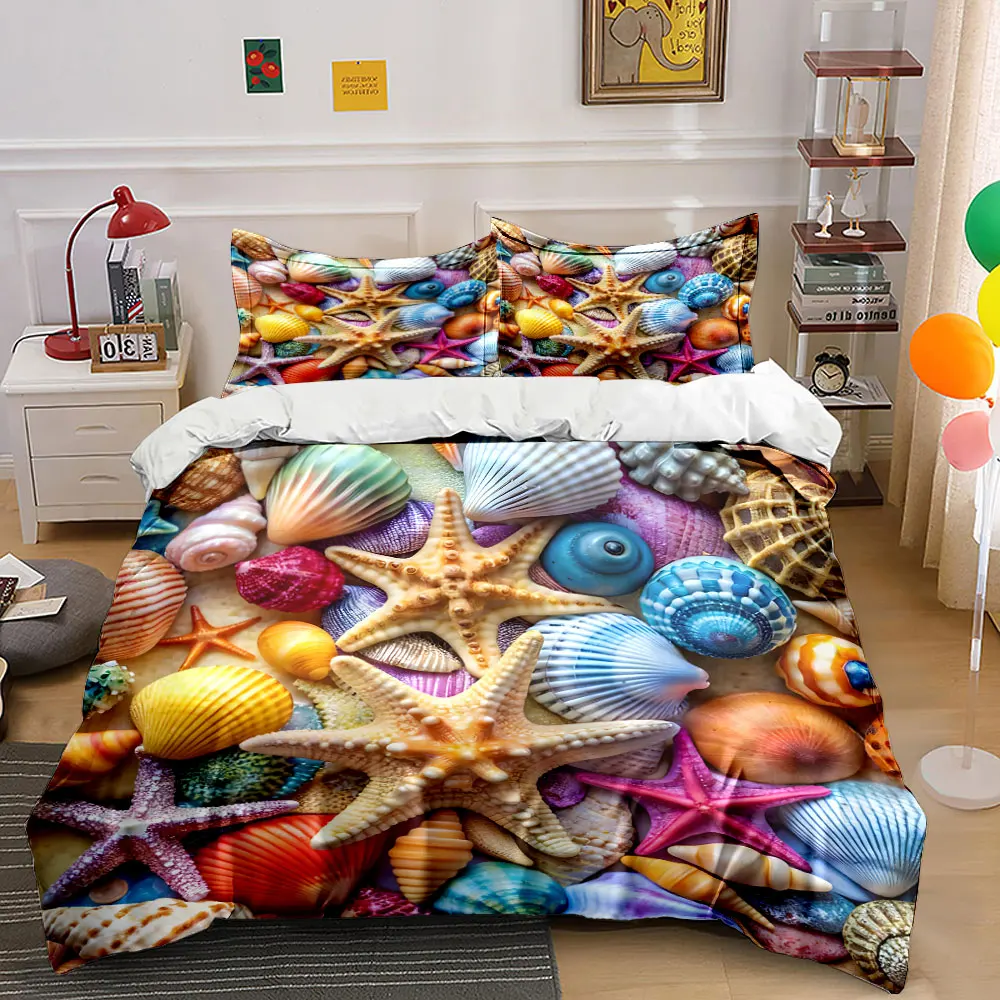 Colorful Seashell Starfish Decor Bedding Set with 1 Duvet Cover 2 Pillowcases Single Double King Queen, Gift
