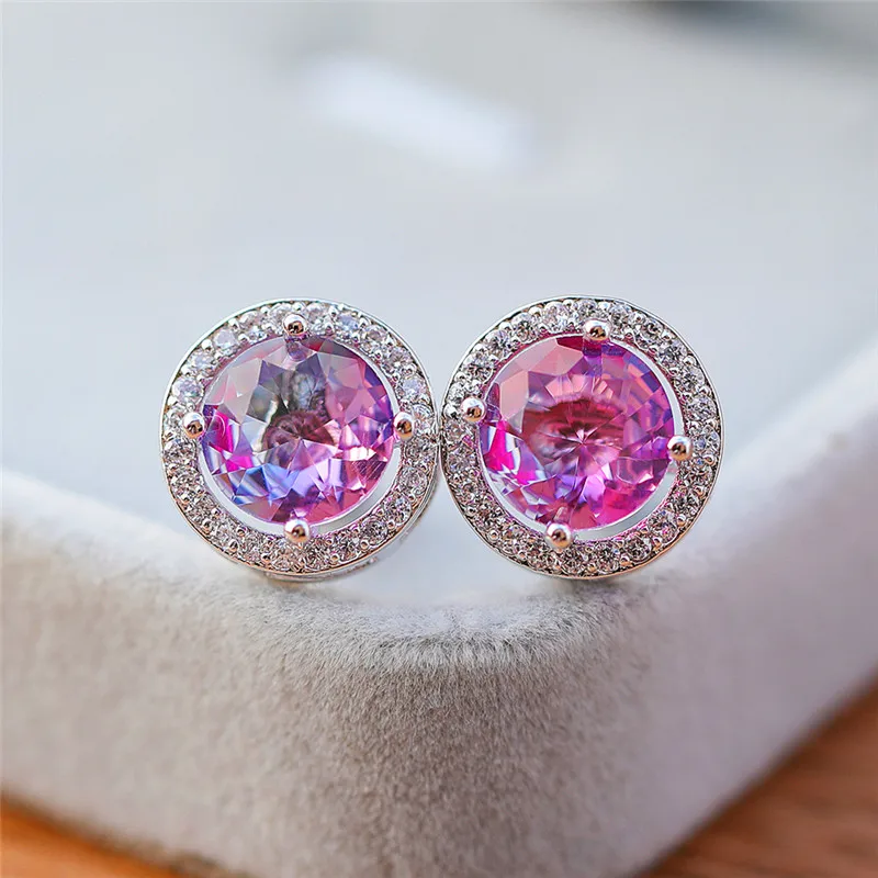 Luxury Female Round Blue Green Rainbow Silver Color Zircon Stone Stud Earrings Vintage Wedding Party Jewelry For Women