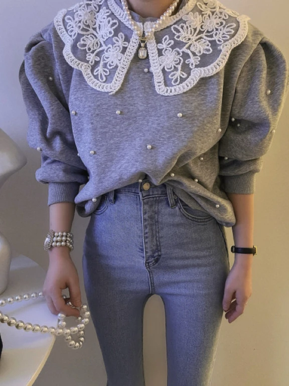 Long Sleeve Embroidered Lace Wave Doll Collar Beaded Hoodie Women Anti Aging Versatile Top Quality Material Chinese Production