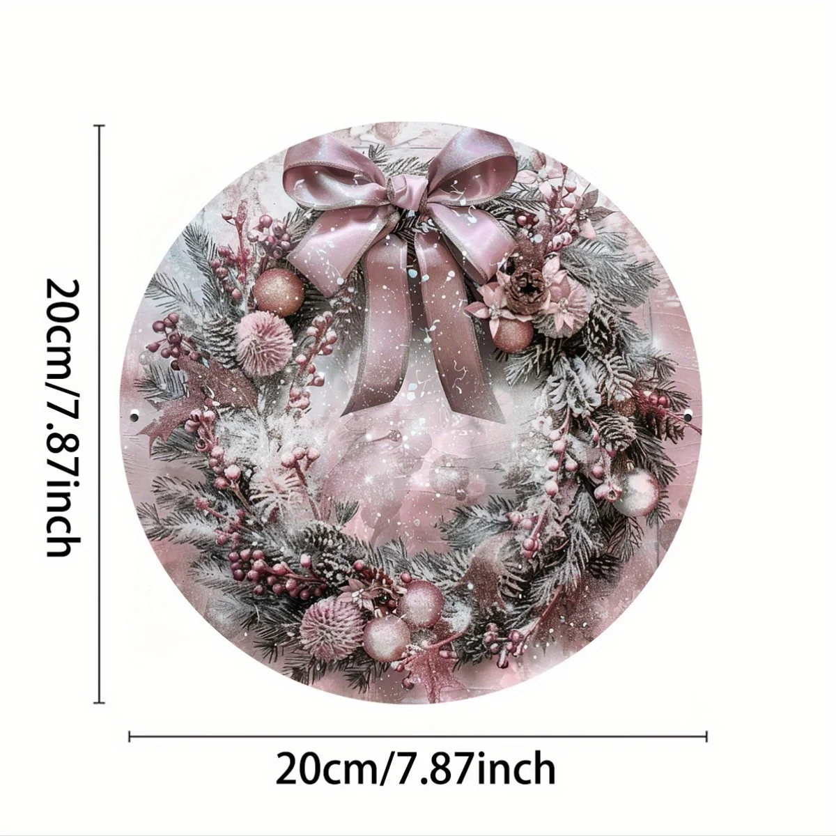 A Round Vintage Metal Aluminum Sign Featuring a Pink Christmas Wreath, Perfect for Holiday Decorations, Ideal for Homes, Cafes,