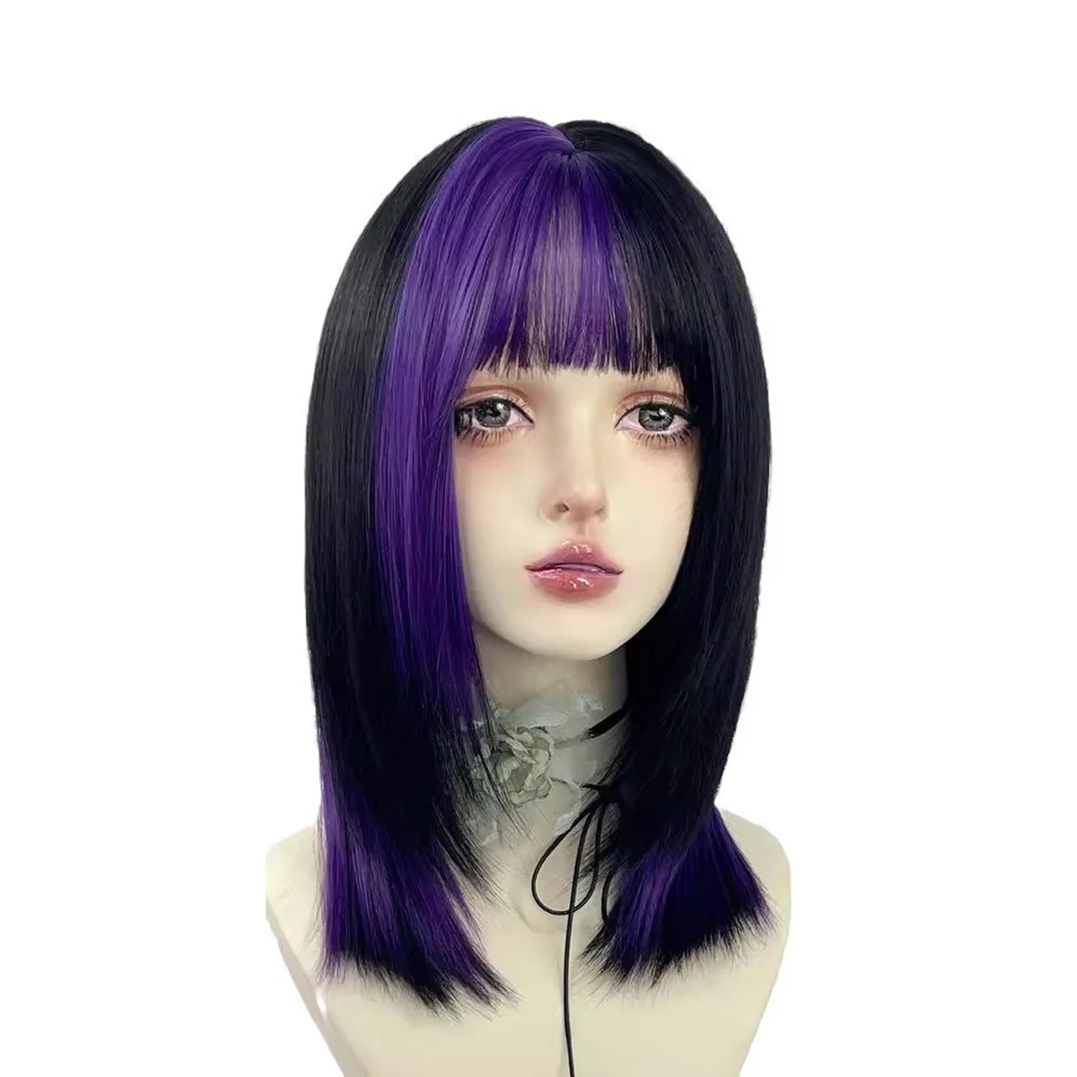 باروكة صناعية ذات طبقات باللون الأخضر والأرجواني والأسود مع غرة متوسطة الطول شعر مستعار كوسبلاي للنساء شعر مستعار مقاوم للحرارة