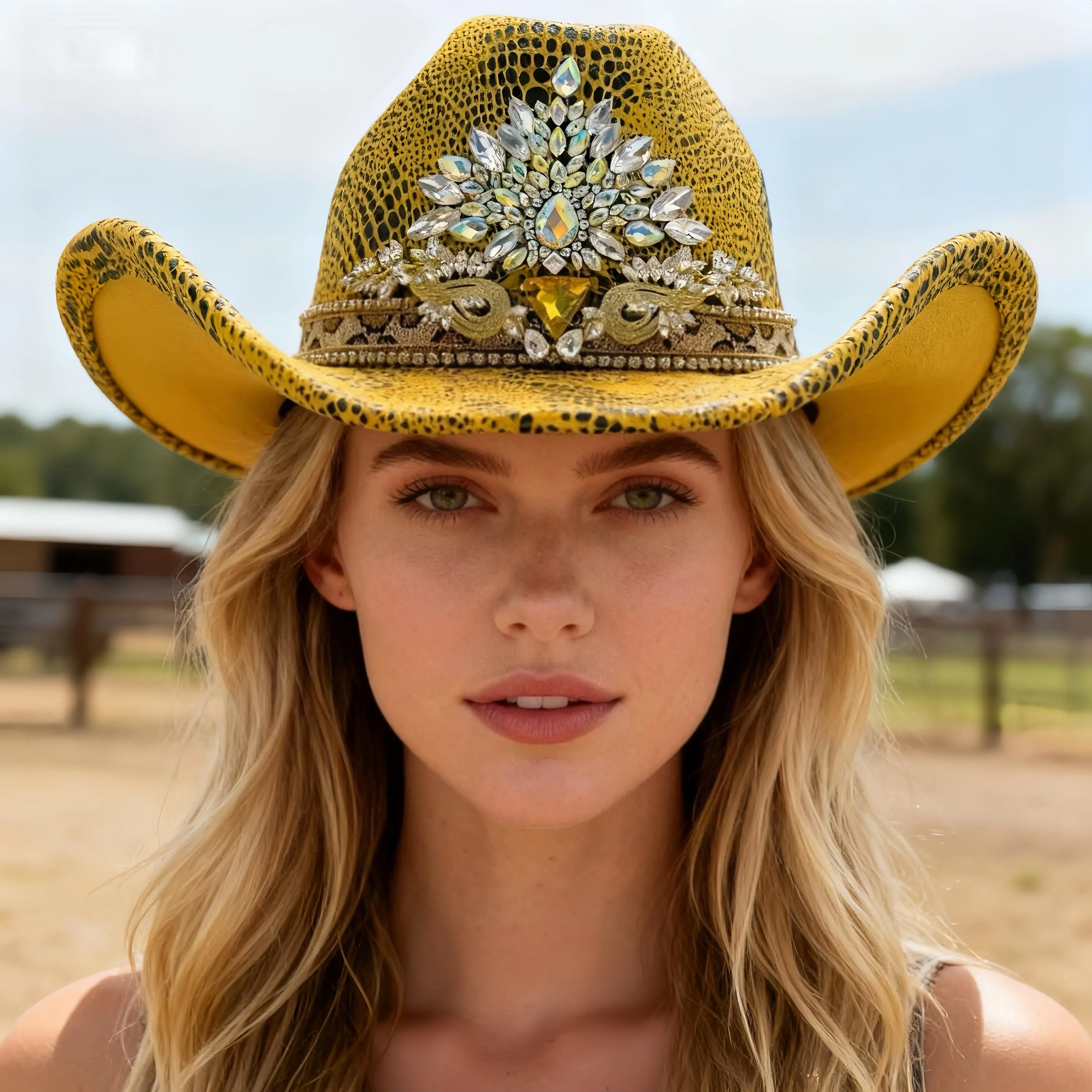 

HongLuan Yellow Glitter Costume Hat Adult, Cowboy Hats Rhinestone for Woman, Cowboy Cosplay Female Accessories & Cowgirl Cap