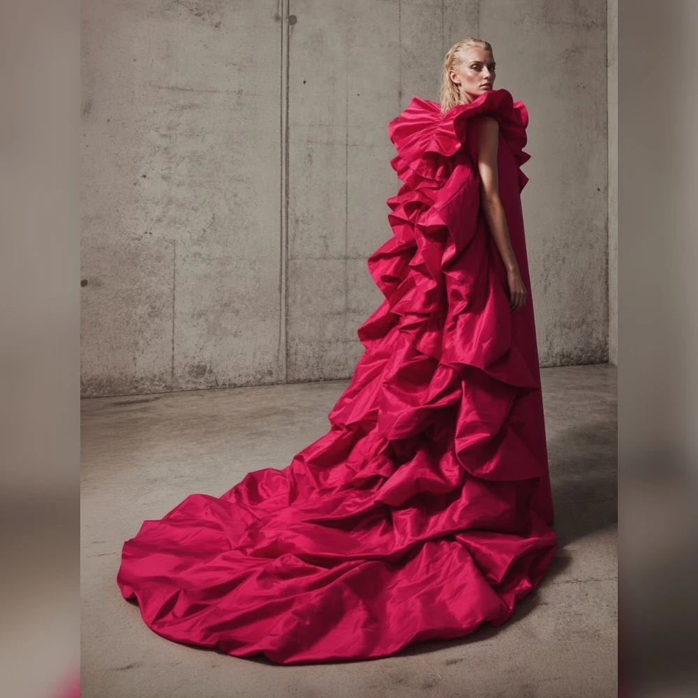 Magenta Fuchsia Ruffle Dress for Women Asymmetric Maxi Gown with Train, Silk Satin Sleeveless Party Dress Elegant Layered Ruffle