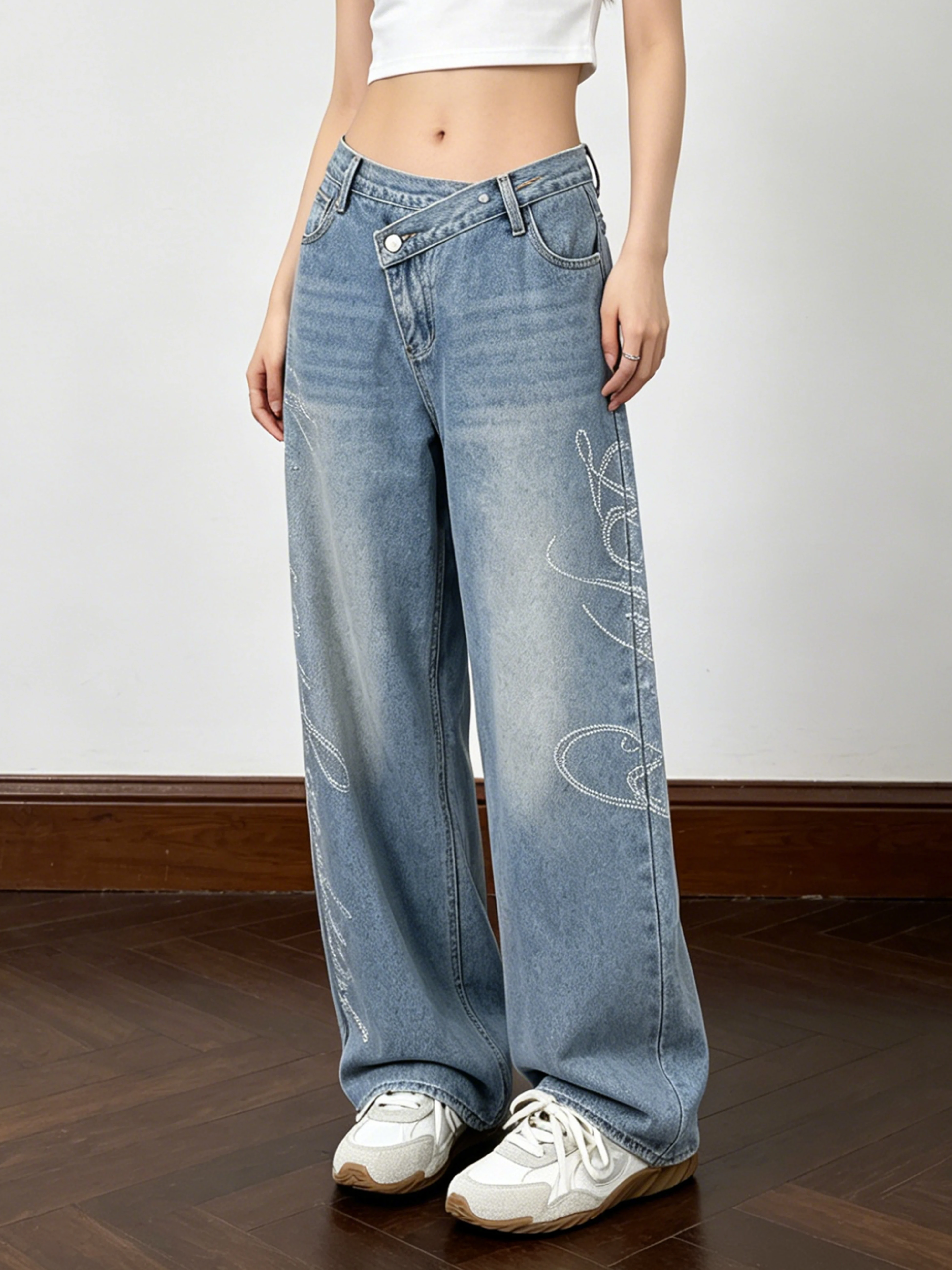 Retro American Rhinestone Wide Leg Jeans Women's Street Style Neutral Wind Side Waist Dragging Pants Cotton Natural Waist But...