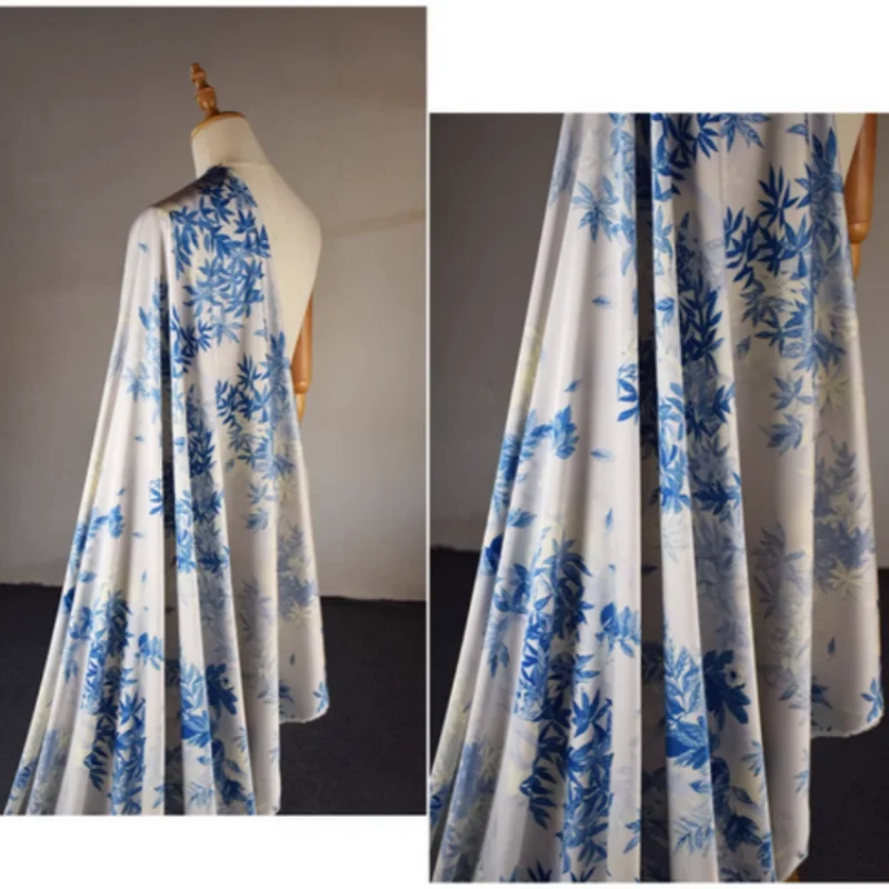 Senior Feeling China Wind Blue Leaves Print Imitate Silk, Satin Fabric, Dress, Han Cloth, Pajamas Handmade Sewing T2181