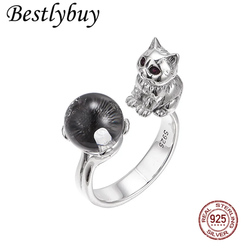 

New s925 Pure Silver Original Design Fashionable Luxury Natural Crystal 3D Three-dimensional Cute Cat Ring Women's Chic Jewelry