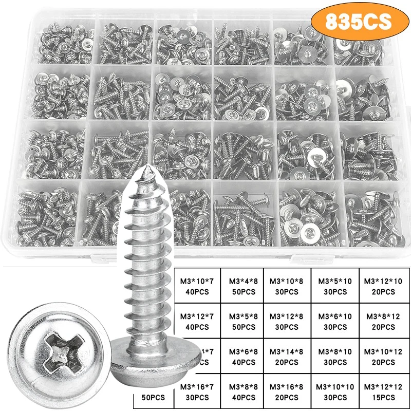 675PCS /835PCS PWA Self-tapping Screw M3 M4 304 Stainless Steel Cross Round Pan Head with Washer Collar Wood Screw set