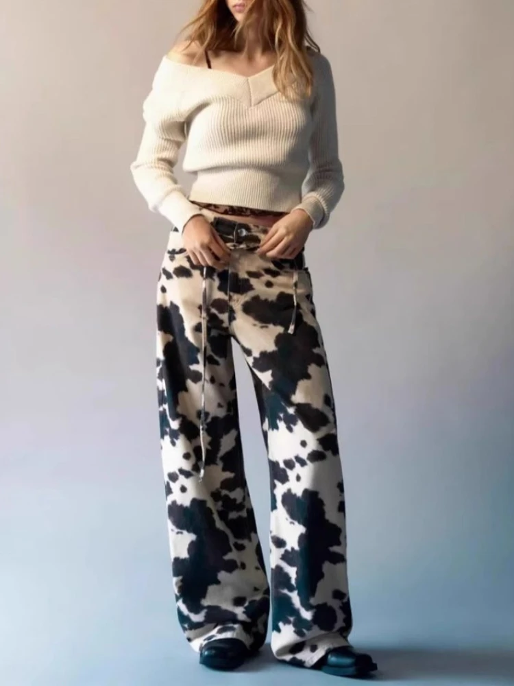 HOUZHOU Vintage Cow Print Jeans Women Y2k Baggy Hip Hop Washed Denim Trousers Grunge Retro Streetwear Wide Leg Jeans Aesthetic