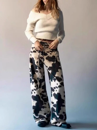 Imagen 2 del producto HOUZHOU-pantalones vaqueros Vintage con estampado de vaca para mujer, pantalón vaquero holgado Y2k, estilo Hip Hop, ropa de calle Retro Grunge, vaqueros de pierna ancha estéticos