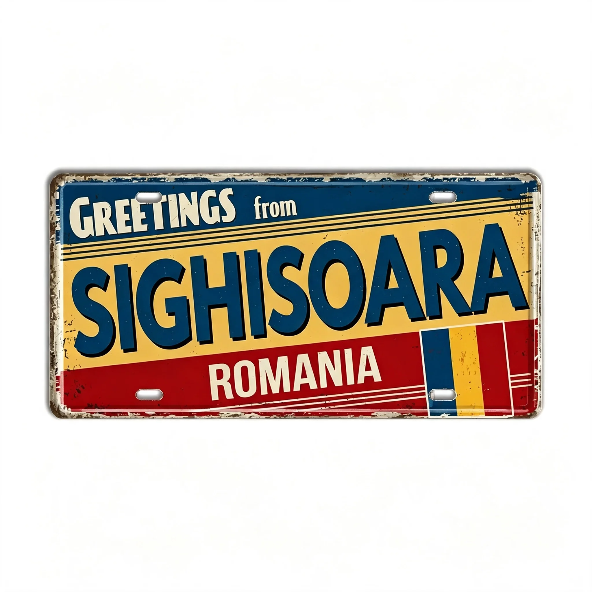 Retro Romania City Greetings License Plate Tin Sign Vintage Metal Car Plate Wall Decor Man Cave Pub Travel Memory Gift Home