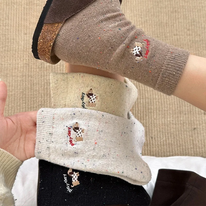 

4 Pairs 2025 New Autumn Winter Wool Socks with Cartoon Puppy Embroidery Breathable Mid-Calf Women's Socks Ladies Cozy Warm Socks
