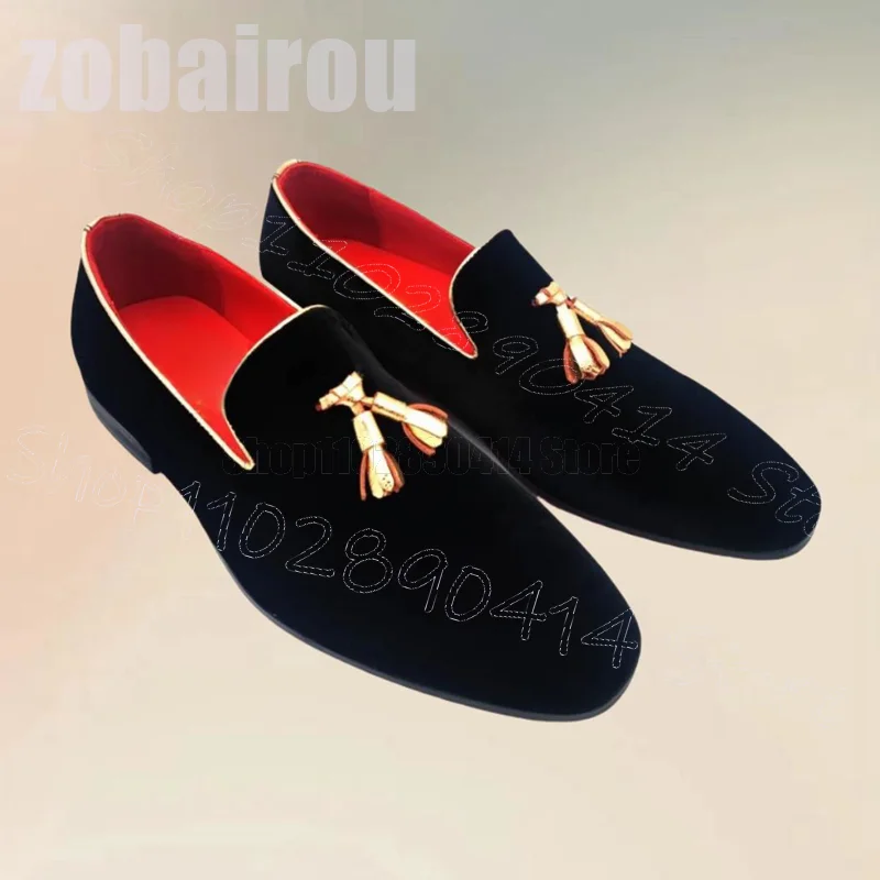 

Gold Tassels Decor Black Suede Penny Loafers Fashion Slip On Men Shoes Luxurious Handmade Party Banquet Dating Men Casual Shoes