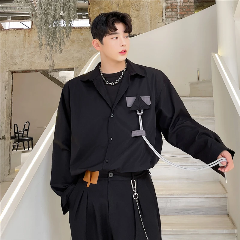 

Spring New Chic Trendy Long Sve Men's irt Artist Hairst Contrast Color Design Loose Fit Youthful Sle Polyester Fa...