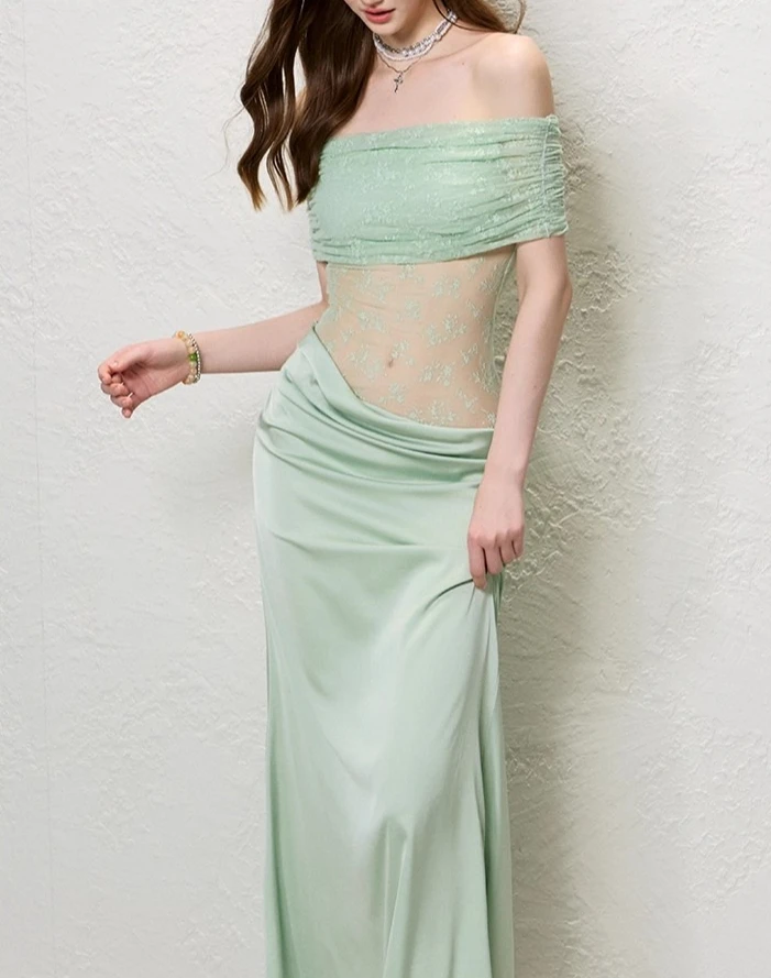 Grüne Spitze Satin Patch Slash Neck Kleid Frauen Sommer Elegante Hohe Taille Vestidos Bodycon Urlaub Party Tuch Dame