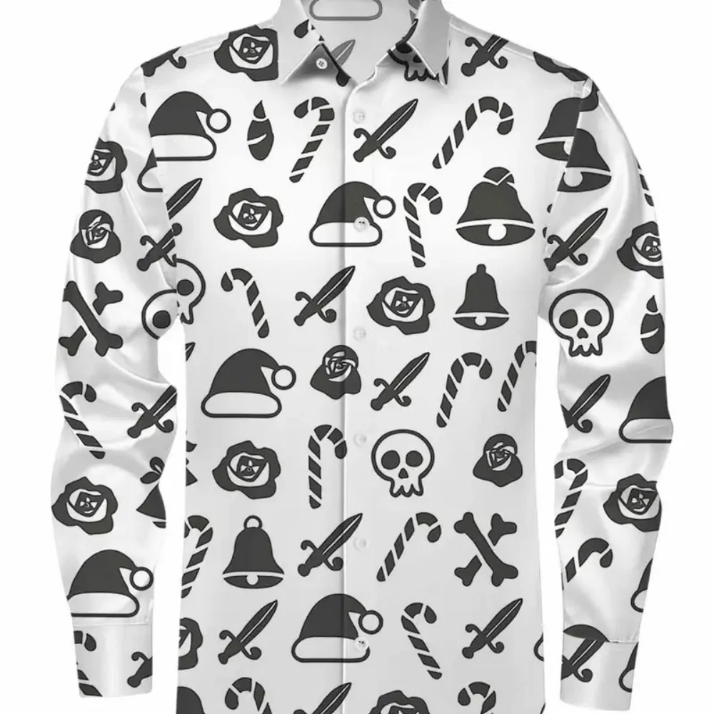 Men Turn‑Down Collar Long Sleeve Button‑Up Shirt Skull Santa Hat Candy Cane Print Gothic Christmas Party Top