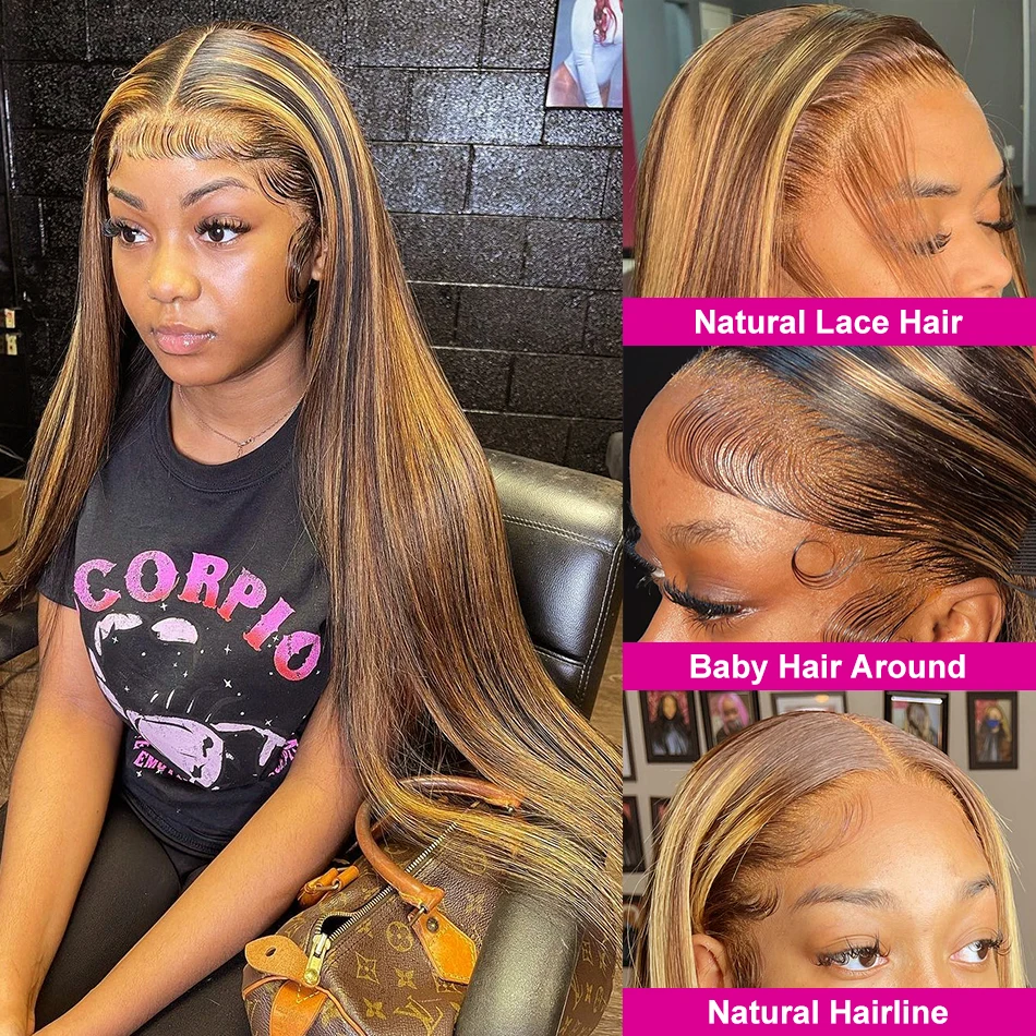 Highlight 13x6  Lace Frontal Wig Human Hair 13x4 Straight Honey Blond Pre Plucked Lace Front Human Hair Wigs For Black Women