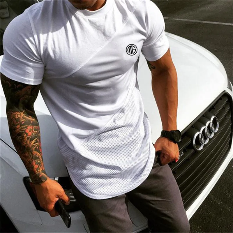 Baumwolle Patchwork Mesh männer Lauf T-Shirt Kurzarm Sommer Atmungsaktive Sportswear Gym Fitness Casual Bodybuilding Kleidung