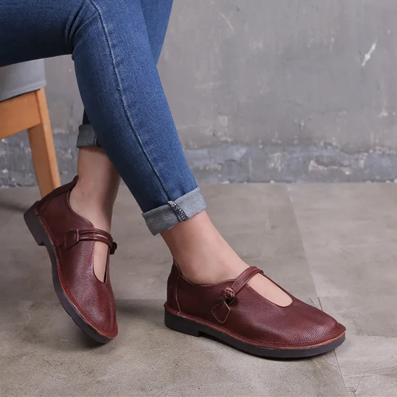 Women Genuine Leather Flat Platform Shoes Ladies Buckle Strap Flat Shoes Round Toe soft Retro drive Classics womens shoes 2023