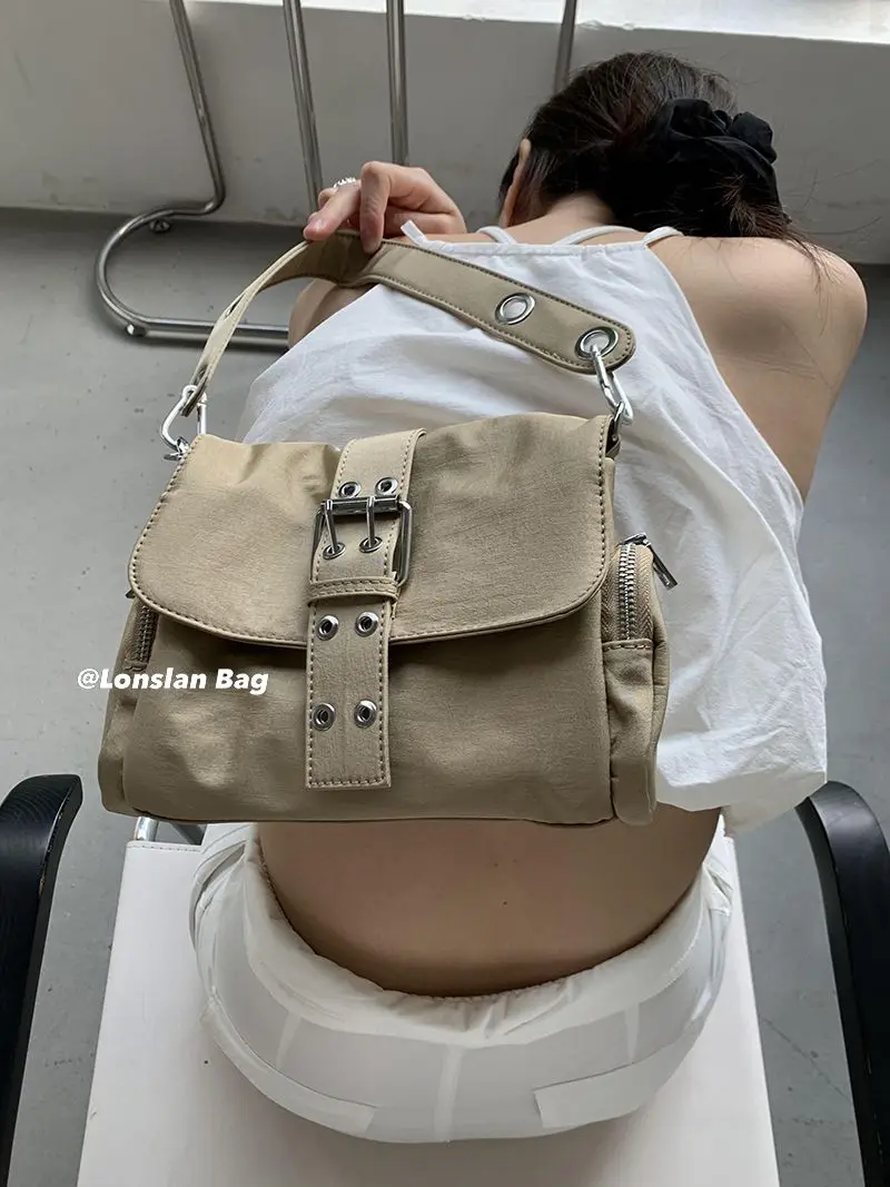 JIAERDI Vintage Nylon Khaki Shoudler Bag Women Hot Girls Square Underarm Bag Female Harajuku Casual Crossbody Bags Handbag Y2k