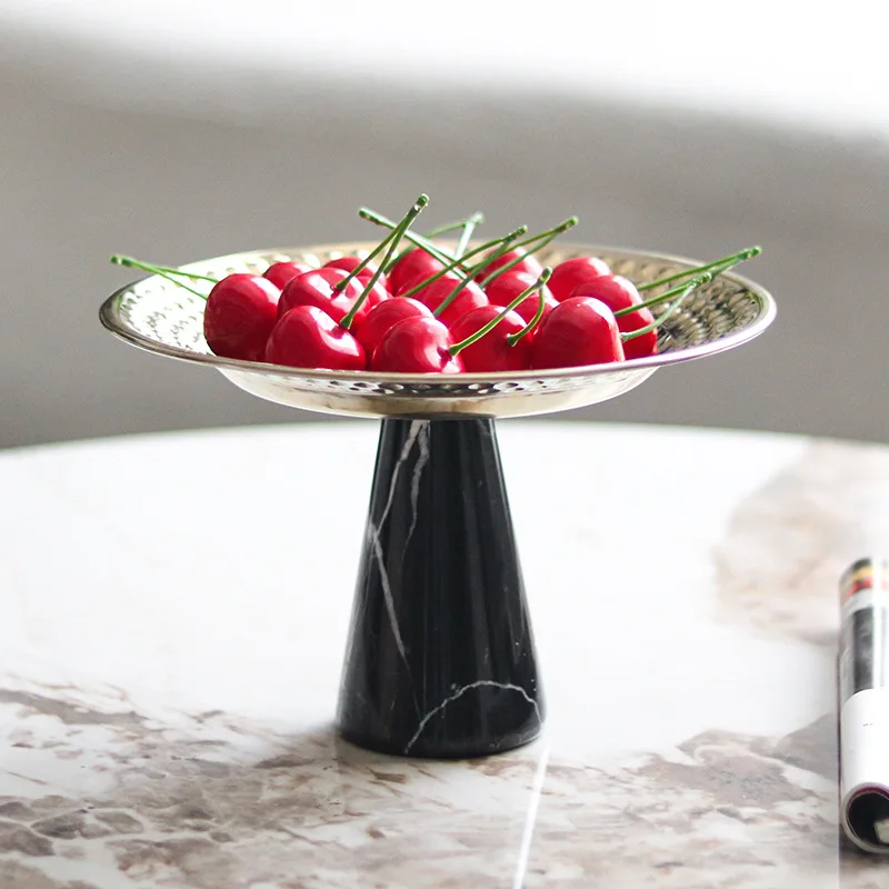 Light luxury high-legged marble base fruit plate decoration metal hammered display plate melon seed snack fruit plate