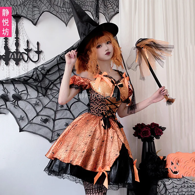 Adult Womens Halloween Orange Spiderweb Witch Cosplay Costume Black Hat Lace Up Mini Dress Fancy Outfit Stage Performance view 5