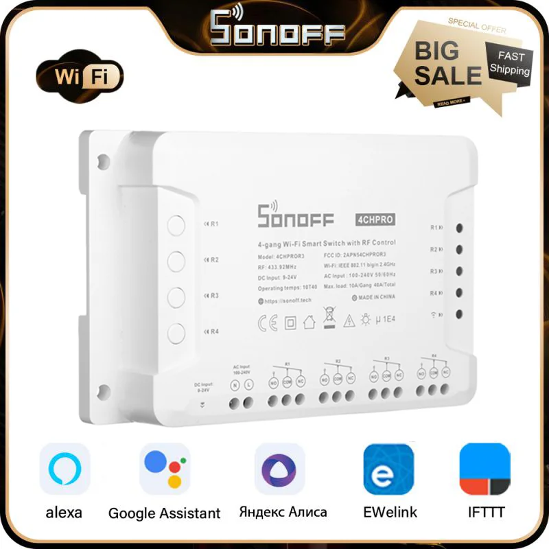 SONOFF 4CH R3/4CH PRO R3 Wifi Smart Switch Module，4 Gang 433MHZ DIY Smart Home Light Switches，Remote Relay Via eWelinlk APP