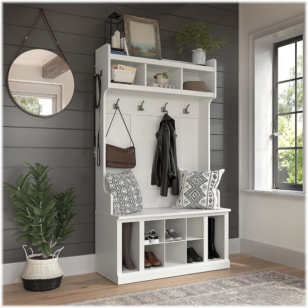 Woodland 40W Hall Tree and Shoe Storage Bench with Shelves in White Ash