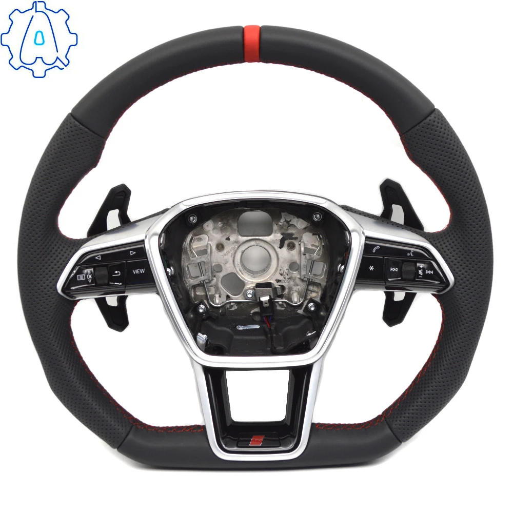 For Audi A6 C8 Red Stitched Semi Perforated Leather Multifunctional Sports Flat Bottomed Steering Wheel