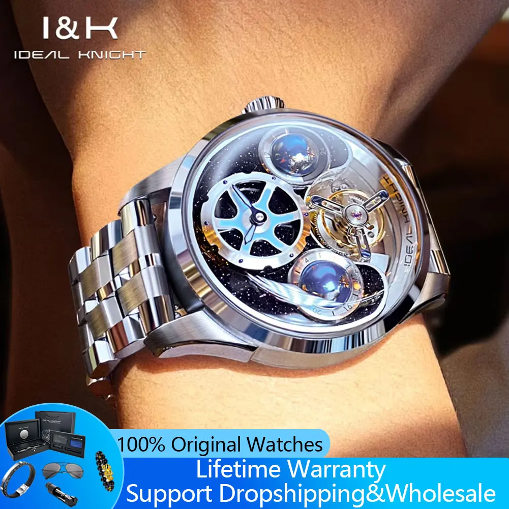 IDEAL KNIGHT 6808 Tourbillon Watch For Men Blue Globe Series Collection Limited Edition Original Automatic Mechanical Man Watch