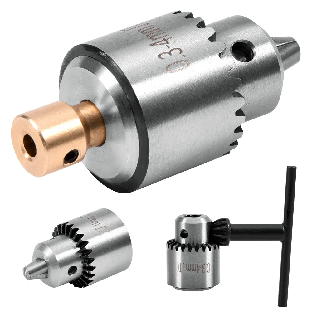 4Pcs/ Set Micro Motor Drill Chuck Clamping Range 0.3-4mm Taper Mounted Mini Drill Chuck Key 3.17mm Brass Electric Motor Shaft