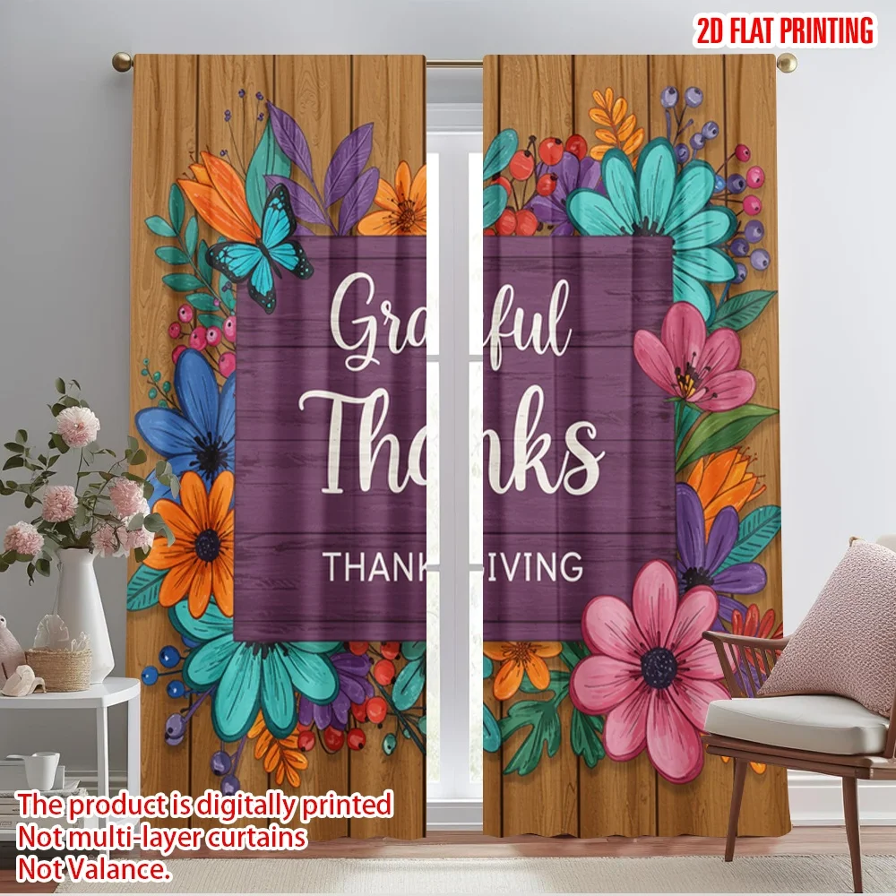 

2pcs 2D flat printing Window Treatment Curtains Grateful Thanks Thanksgiving Flowers Polyester Without Electricity Seasonal