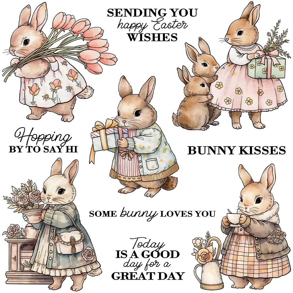Mangocraft Cute Easter Rabbits Bunny Family Clear Stamps Spring Flowers DIY Scrapbooking Supplies Silicone Stamp For Card Decor