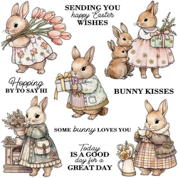 Mangocraft Cute Easter Rabbits Bunny Family Clear Stamps Spring Flowers DIY Scrapbooking Supplies Silicone Stamp For Card Decor