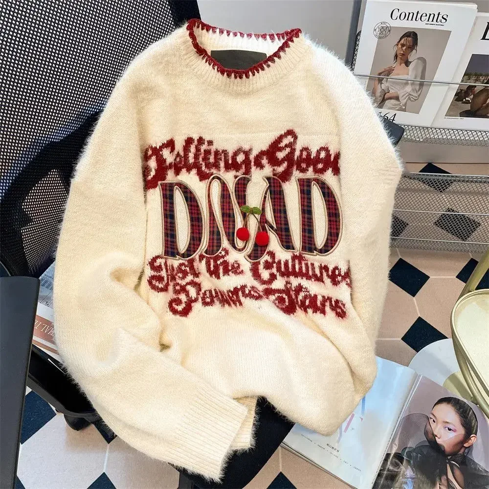 Autumn Winter New Christmas Explosions Women Sweaters Fluffy Retro Letter Pattern Embroidery Loose Lazy Knit Tops