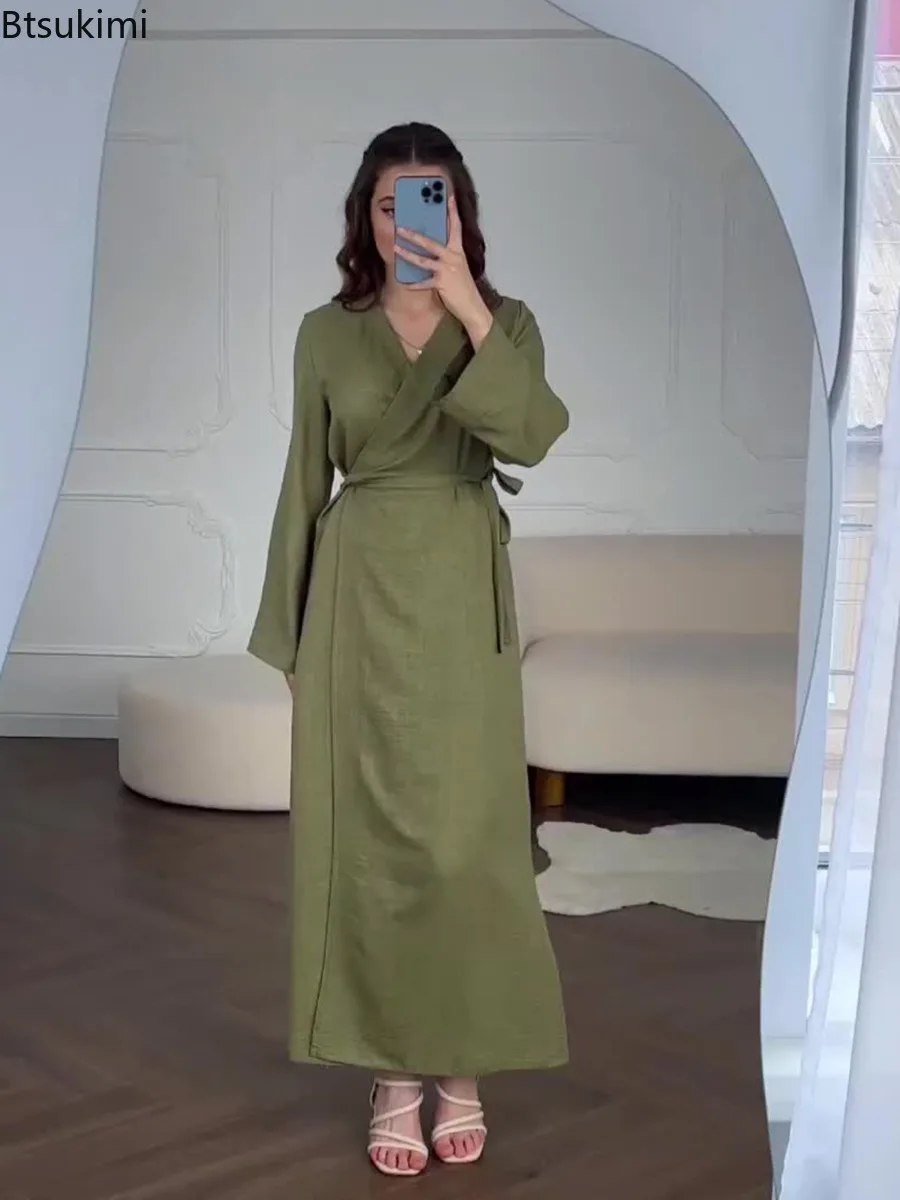 Vestidos musulmanes para mujer, vestido largo liso con cuello en V y cintura alta con cordones, Abaya informal de Ramadán Marruecos, caftán árabe de Dubái, bata modesta Islam