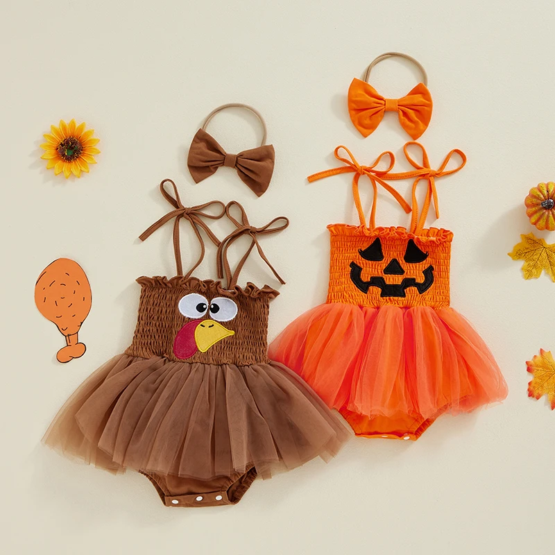 0-24Months Baby Girl Halloween Outfit Pumpkin Embroidery Shirred Spaghetti Strap Romper Dress Bow Headband 2 Piece Set