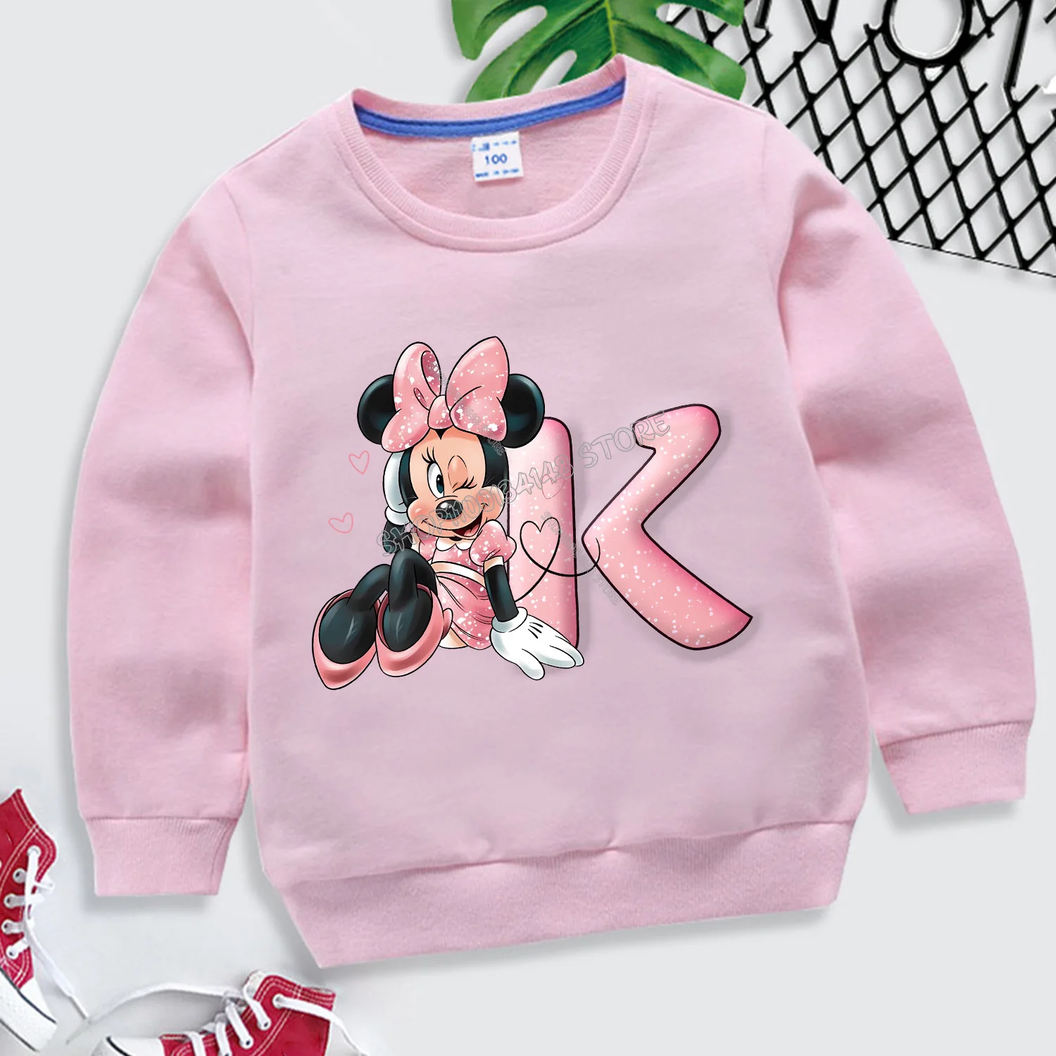 Disney Minnie Mouse Hoodie สําหรับเด็ก A-Z Letter การ์ตูนเสื้อกันหนาวแฟชั่นสาวแขนยาวผ้าฝ้าย Caftan รอบคอเสื้อผ้า