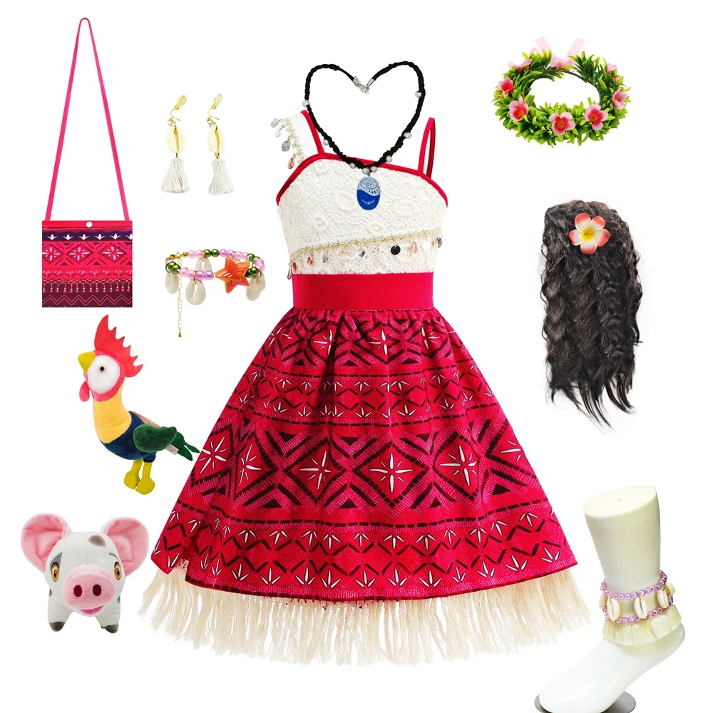Moana-vestido nuevo para niñas, ropa de princesa, vestido para niños, collar, cerdo, pollito, carnaval, fiesta de Halloween, conjunto de disfraz de verano